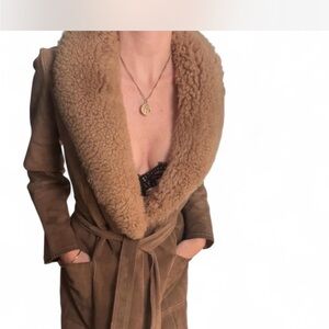 Tan Carmel Penny Lane Vintage A&F 70s Suede & Shearling Coat with Belt small Med
